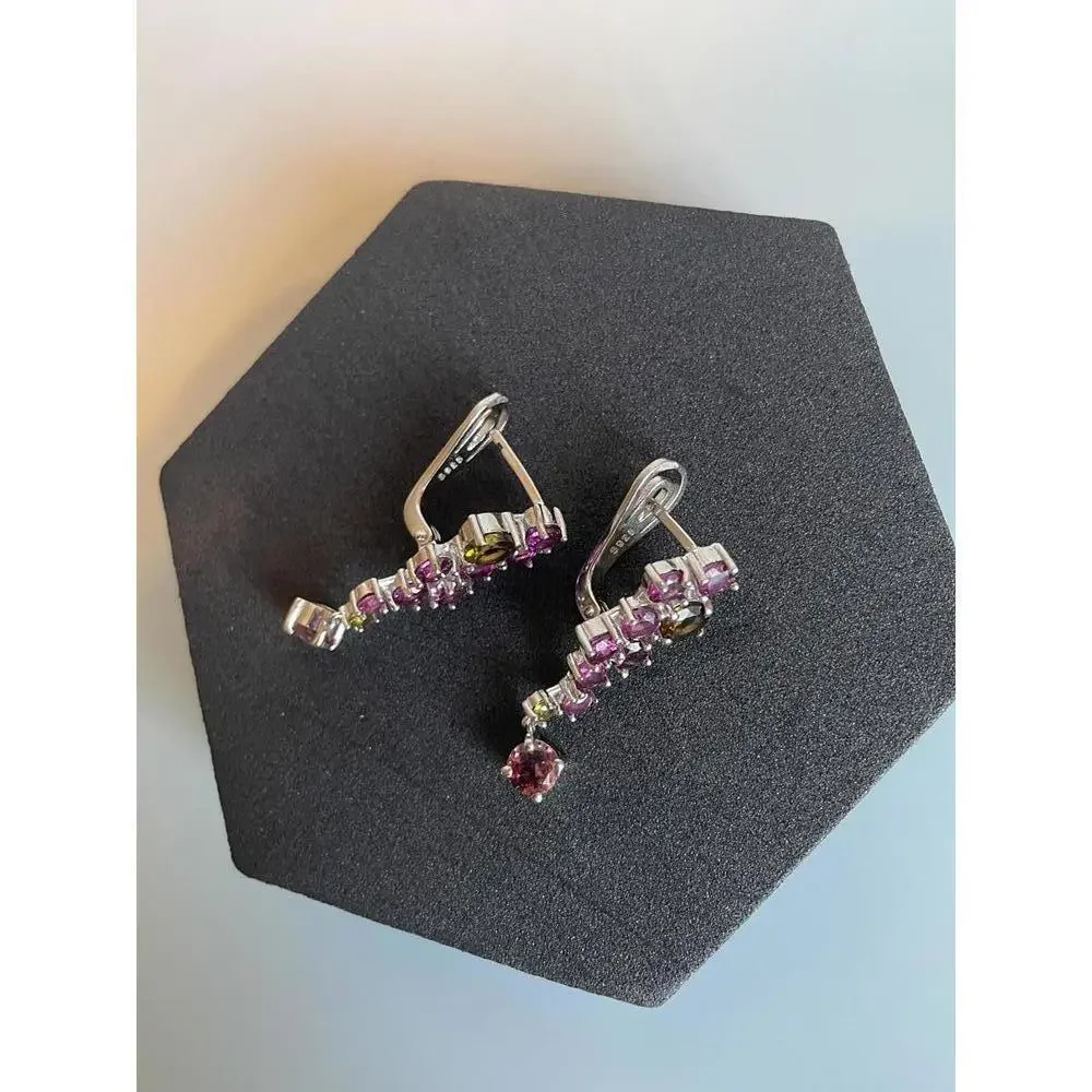 SOLD 925 Sterling Silver Earrings Round Tourmaline Rhodolite Garnet Gemstone - Picture 4 of 8